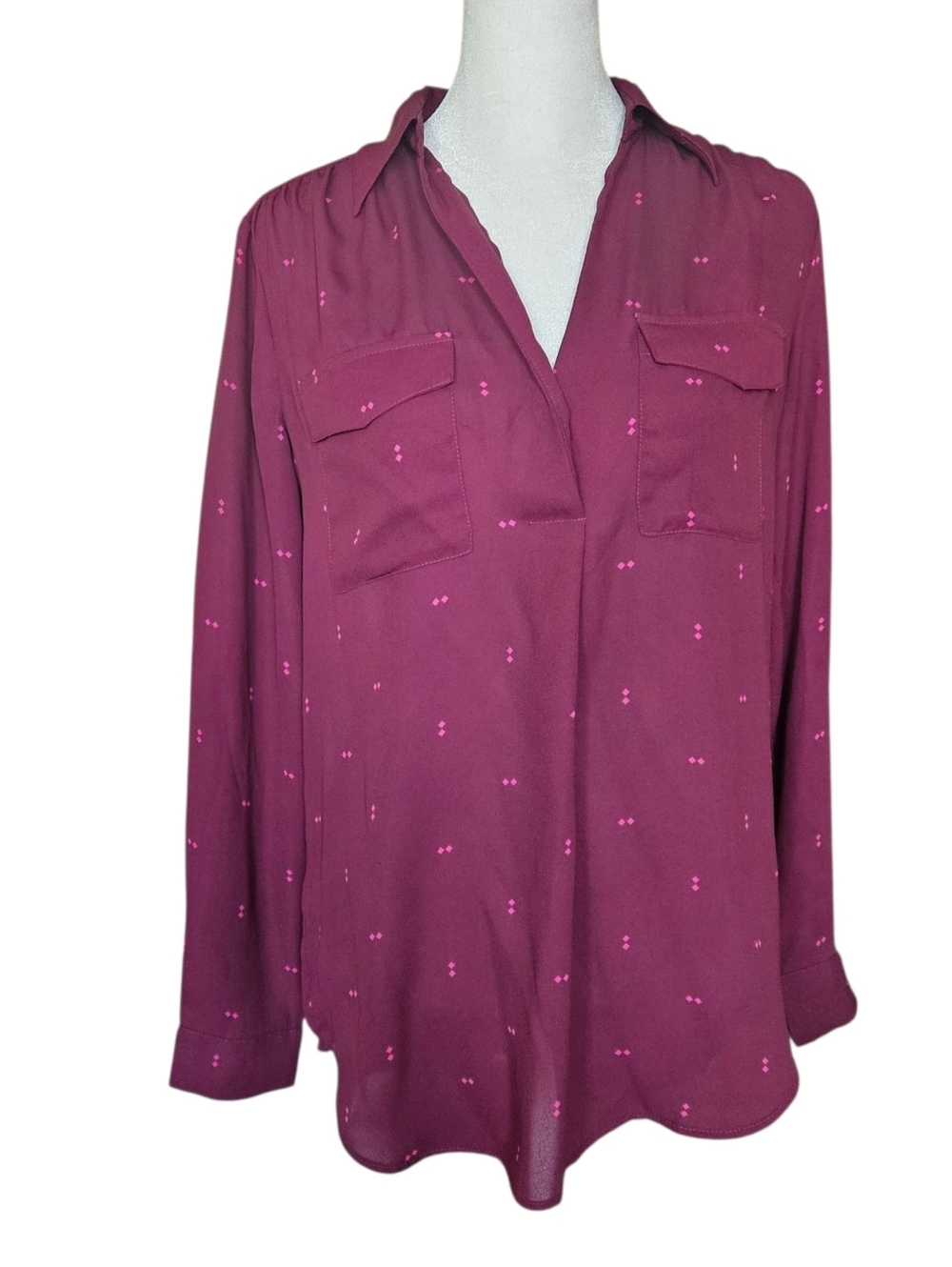 Ann Taylor Camp Shirt Burgundy Collared Blouse Pink Diamond Relaxed Fit